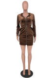 Brown Fashion Sexy Solid Basic Hooded Collar Long Sleeve Dresses