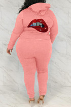 Colletto con cappuccio in trapano caldo solido casual alla moda rosa Plus Size in due pezzi