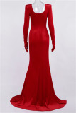 Красное модное сексуальное однотонное лоскутное вечернее платье с V-образным вырезом и длинным рукавом