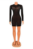 Black Fashion Sexy Patchwork Hot Drilling See-through Half A Turtleneck Robes à manches longues