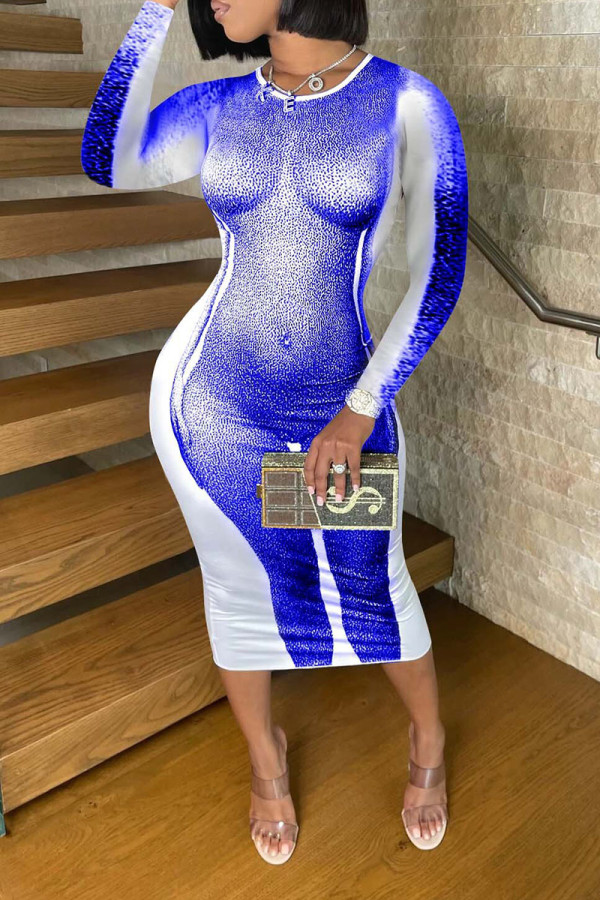 Vestidos de falda de un paso con cuello en O de patchwork con estampado sexy azul