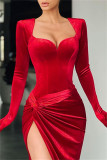 Красное модное сексуальное однотонное лоскутное вечернее платье с V-образным вырезом и длинным рукавом