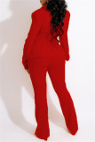 Red Fashion Casual Solid Patchwork Cardigan Pants Turndown Collar Long Sleeve Two Pieces