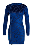 Blauwe sexy patchwork mesh O-hals onregelmatige jurk Jurken