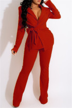 Moda roja Casual de parches lisos cárdigan pantalones cuello vuelto manga larga dos piezas