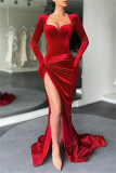 Red Fashion Sexy Solid Split Joint Slit V Neck Long Sleeve Evening Dress