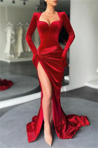 Rotes, modisches, sexy, solides Patchwork-Abendkleid mit Schlitz und V-Ausschnitt und langen Ärmeln