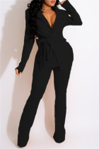 Black Fashion Casual Solid Patchwork Cardigan Pants Turndown Collar Long Sleeve Two Pieces