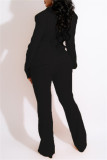 Black Fashion Casual Solid Patchwork Cardigan Pants Turndown Collar Long Sleeve Two Pieces