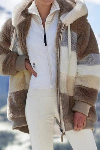 Abrigo de talla grande con cuello con capucha y cremallera de patchwork casual de moda caqui