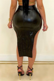 Faldas de cintura alta flacas asimétricas sólidas sexy de moda negro