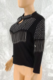 Black Sexy Solid Tassel Hollowed Out Patchwork Hot Drill O Neck Tops