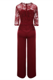 Red Fashion Casual Patchwork Solide durchsichtige O-Neck Regular Jumpsuits