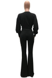 ブラックファッションカジュアルソリッドベーシックVネック長袖ツーピース