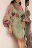 Vestidos de falda de un paso con cuello alto y patchwork liso verde elegante