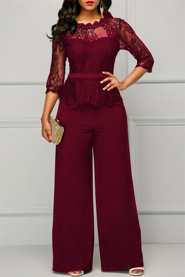 Red Fashion Casual Patchwork Solide durchsichtige O-Neck Regular Jumpsuits