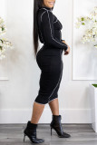 Черные сексуальные сплошные выдолбленные лоскутные платья с круглым вырезом и юбкой в ​​один шаг