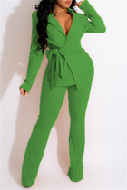 Moda verde casual sólido retalhos cardigan calças gola aberta manga comprida duas peças