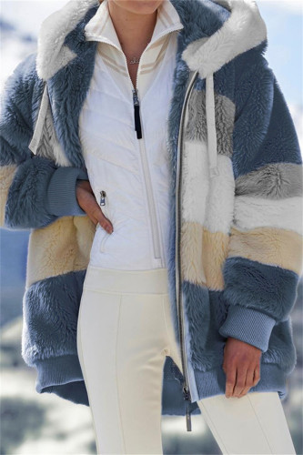 ブルーファッションカジュアルパッチワークジッパーフード付き襟プラスサイズのオーバーコート