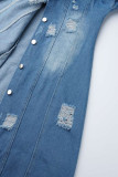 ライトブルーファッションカジュアルソリッドリップドターンダウンカラー長袖レギュラーデニムジャケット（ポケットなし）