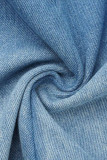 Голубая модная повседневная джинсовая куртка с однотонным рваным отложным воротником и длинными рукавами (без карманов)