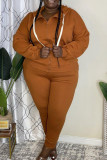 Brown Sportswear Solid Patchwork Hooded Collar Plus Size Two Pieces