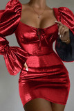 Vestidos de saia única gola quadrada sexy sexy vermelho