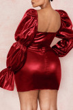 Vestidos de saia única gola quadrada sexy sexy vermelho