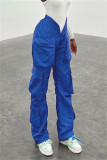 Pantalon bleu décontracté à la mode, couleur unie, patchwork, taille moyenne, régulier