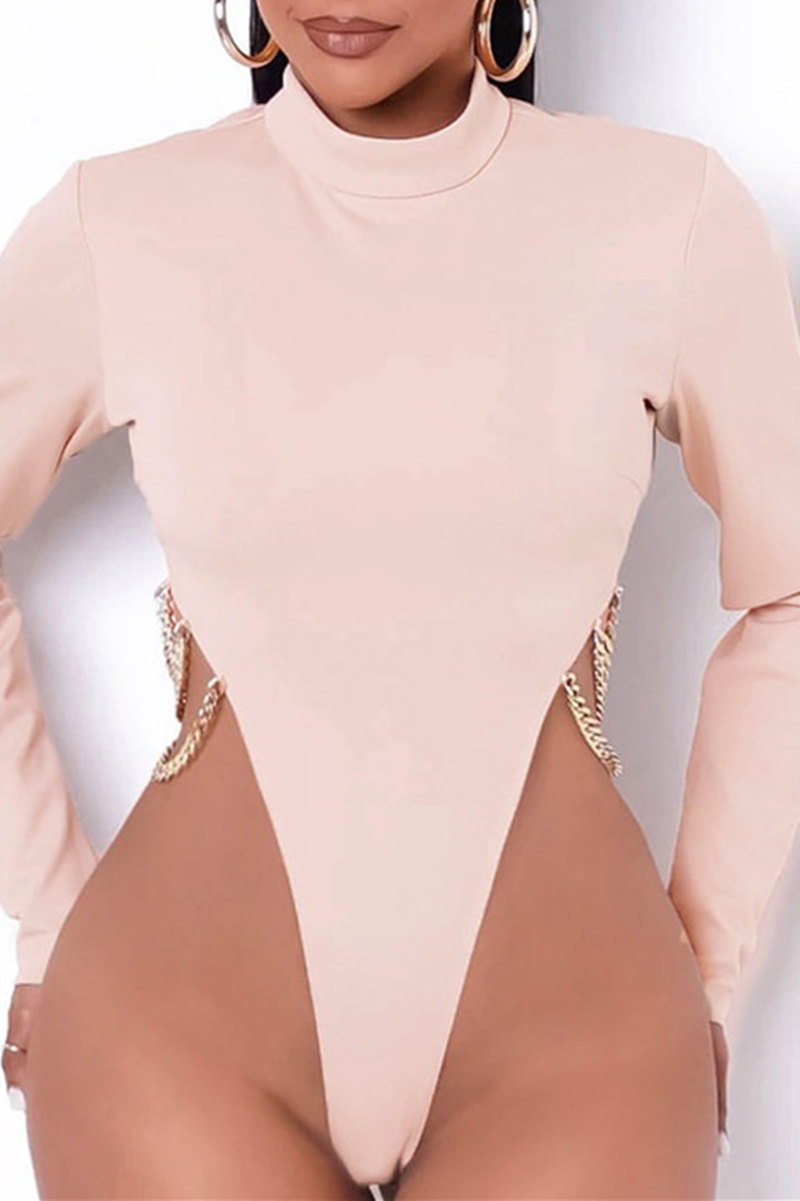 

Light Pink Sexy Casual Solid Split Joint Chains Turtleneck Skinny Romper