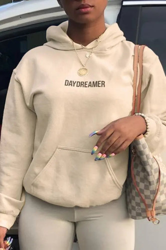 Apricot Fashion Casual Letter Print Basic Hooded Collar Tops