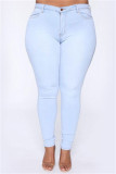 Jean skinny en denim bleu moyen à la mode décontracté solide de base à taille moyenne