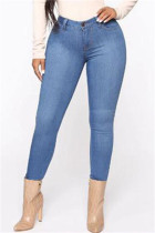 Jean skinny en denim bleu moyen à la mode décontracté solide de base à taille moyenne