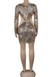 Gold Sexy Hollowed Out Sequins Patchwork Halter One Step Skirt Dresses