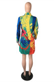 Многоцветное модное повседневное платье-рубашка больших размеров с принтом и отложным воротником
