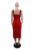 Красное модное сексуальное лоскутное платье с блестками и открытой спиной с разрезом и квадратным воротником