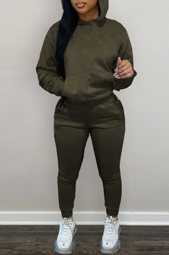 Army Green Fashion Casual Solid Basic Hooded Collar Long Sleeve Two Pieces
