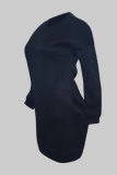 Negro Moda Casual Sólido Básico O Cuello Manga larga Vestidos de talla grande