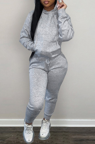 Grey Fashion Casual Solid Basic Hooded Collar Long Sleeve Two Pieces
