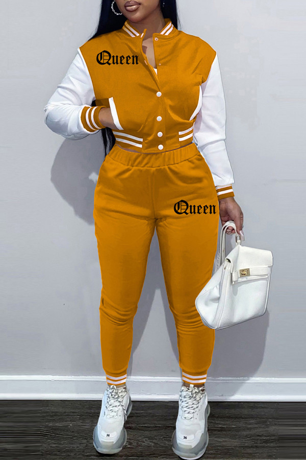 オレンジ ファッション カジュアル パッチワーク レター ロングスリーブ ツーピース
