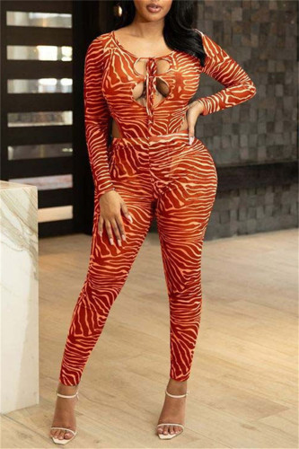 Orange Fashion Sexy Print Bandage Hollowed Out O Neck Long Sleeve Two Pieces