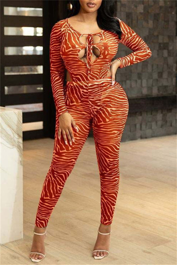 Oranje Mode Sexy Print Bandage Uitgehold O Neck Lange Mouw Twee Stukken
