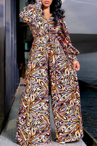 Yellow Fashion Print Patchwork V Neck Loose Jumpsuits