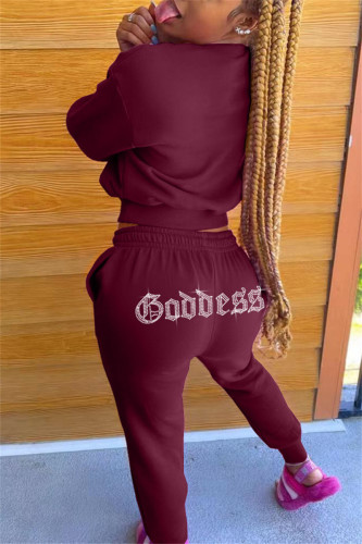 Burgundy Fashion Casual Solid Hot Drill O Neck Long Sleeve Two Pieces