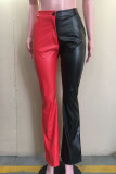 Vermelho preto moda casual sólido retalhos regular cintura alta reta retalhos calças
