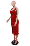 Vestido de lantejoulas vermelho moda sexy patchwork lantejoulas sem costas com fenda e gola quadrada