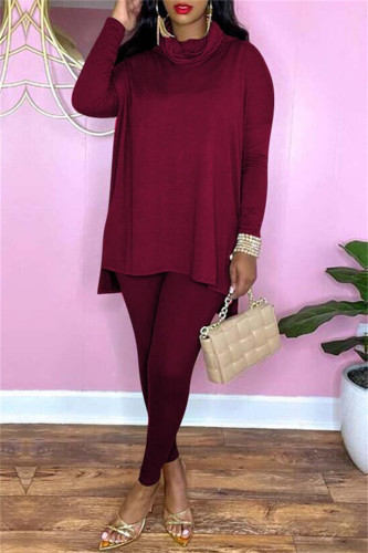 Burgundy Fashion Casual Solid Basic Turtleneck Long Sleeve Two Pieces