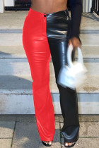 Rot-schwarze, modische, lässige, solide Patchwork-Hose mit normaler hoher Taille und geradem Patchwork
