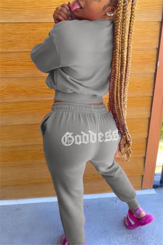 Grey Fashion Casual Solid Hot Drill O Neck Long Sleeve Two Pieces