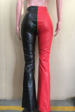 Vermelho preto moda casual sólido retalhos regular cintura alta reta retalhos calças